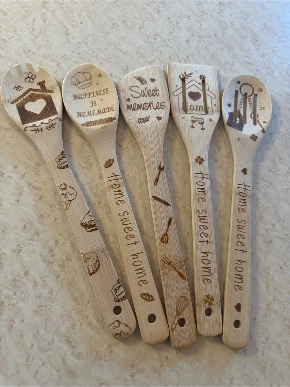 Home Sweet Home Engraved Bamboo Spoons - Set of 5 - Natural